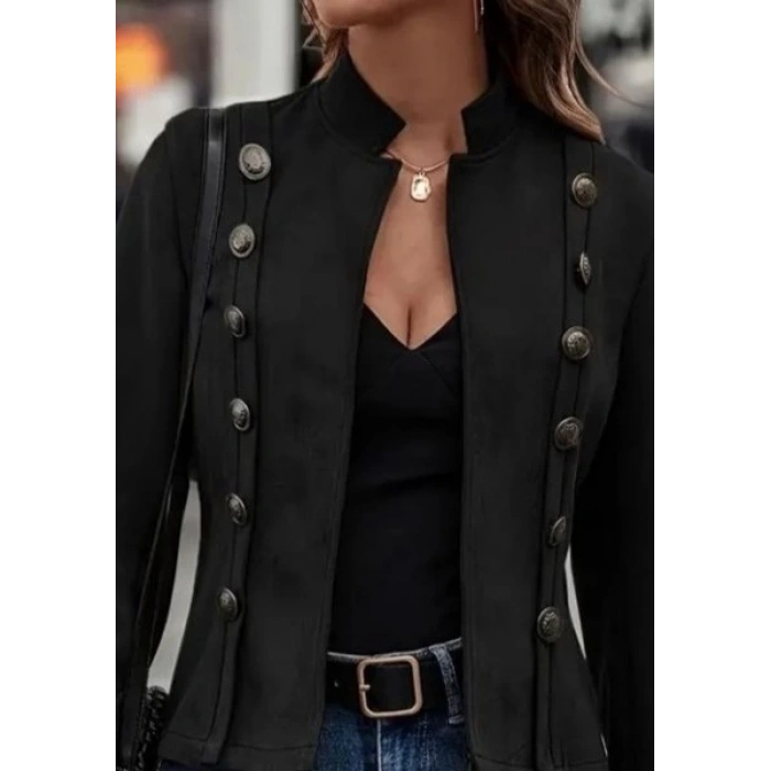 MDB Kadın Uzun Kollu Hakim Yaka Yanlardan Düğmeli Kısa Süet Ceket