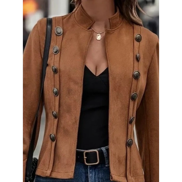 MDB Kadın Uzun Kollu Hakim Yaka Yanlardan Düğmeli Kısa Süet Ceket