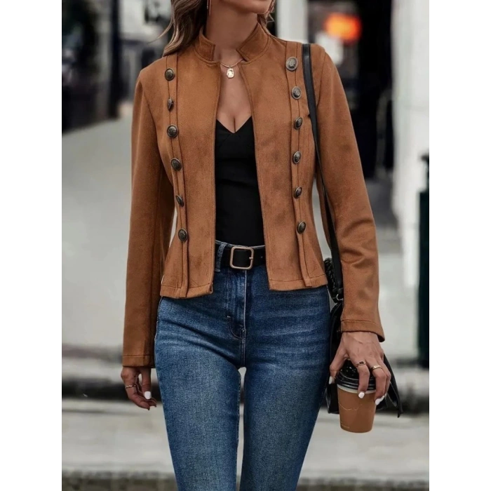 MDB Kadın Uzun Kollu Hakim Yaka Yanlardan Düğmeli Kısa Süet Ceket