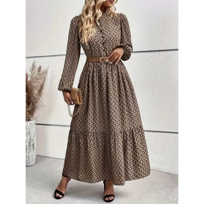MDB Kadın Uzun Kollu Hakim Yakalı Düğmeli Kemersiz Desenli Maxi Süprem Elbise