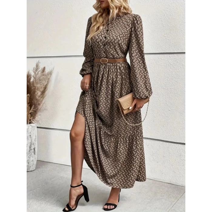 MDB Kadın Uzun Kollu Hakim Yakalı Düğmeli Kemersiz Desenli Maxi Süprem Elbise