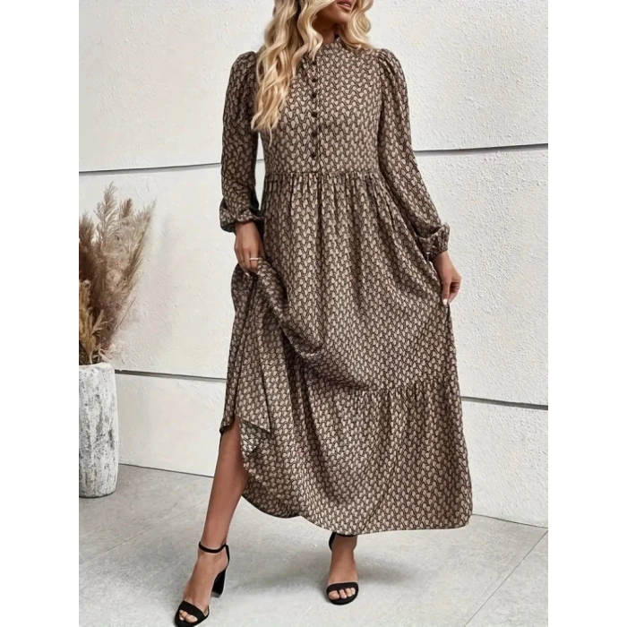 MDB Kadın Uzun Kollu Hakim Yakalı Düğmeli Kemersiz Desenli Maxi Süprem Elbise