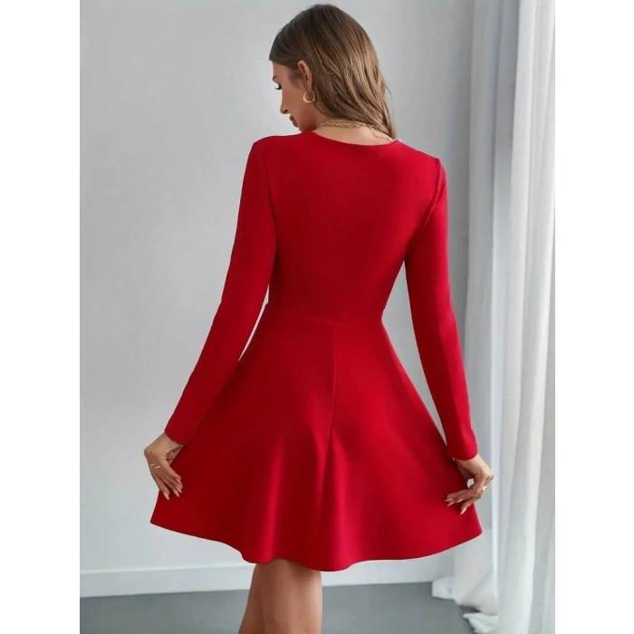 MDB Kadın Uzun Kollu Inci Yakalı Kısa Ithal Krep Elbise