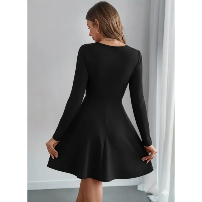 MDB Kadın Uzun Kollu Inci Yakalı Kısa Ithal Krep Elbise