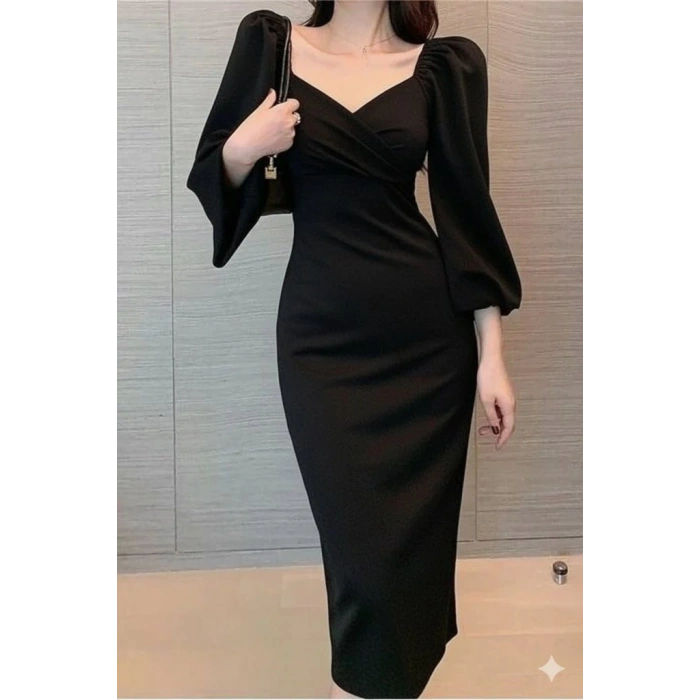 MDB Kadın Uzun Kollu Kalp Yakalı Midi Ithal Krep Elbise