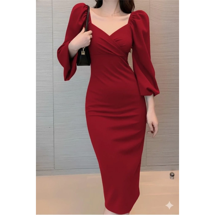 MDB Kadın Uzun Kollu Kalp Yakalı Midi Ithal Krep Elbise