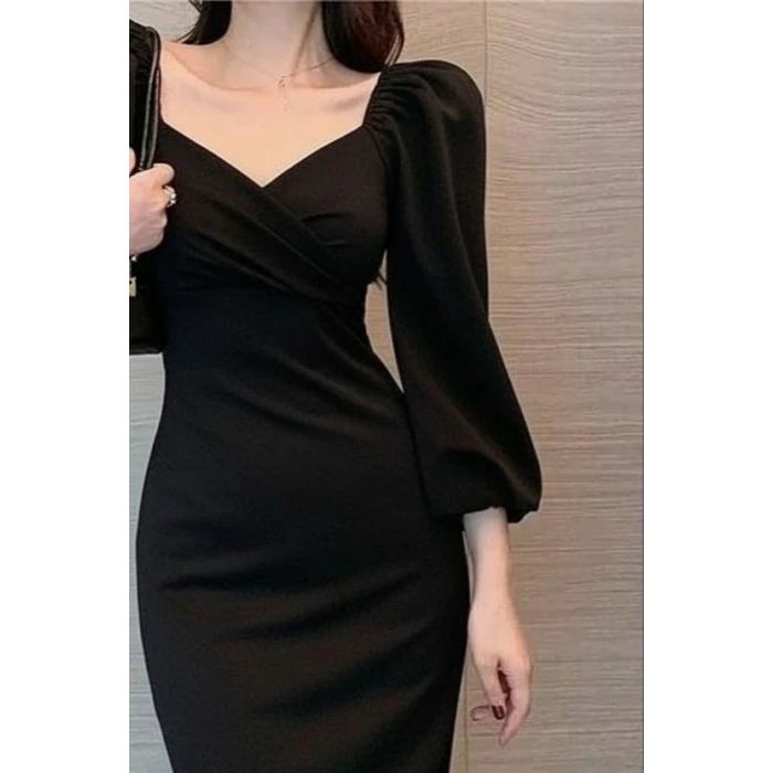 MDB Kadın Uzun Kollu Kalp Yakalı Midi Ithal Krep Elbise