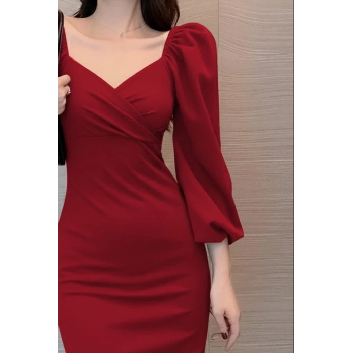 MDB Kadın Uzun Kollu Kalp Yakalı Midi Ithal Krep Elbise