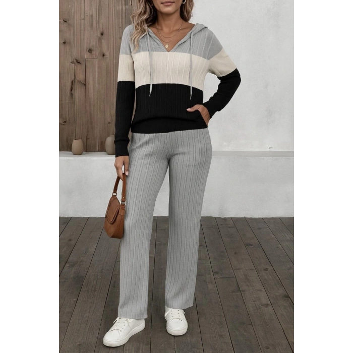 MDB Kadın Uzun Kollu Kapşonlu Bağcıklı Blok Renkli şardonlu Kaşkorse Bluz Ve Pantolon Ikili Takım