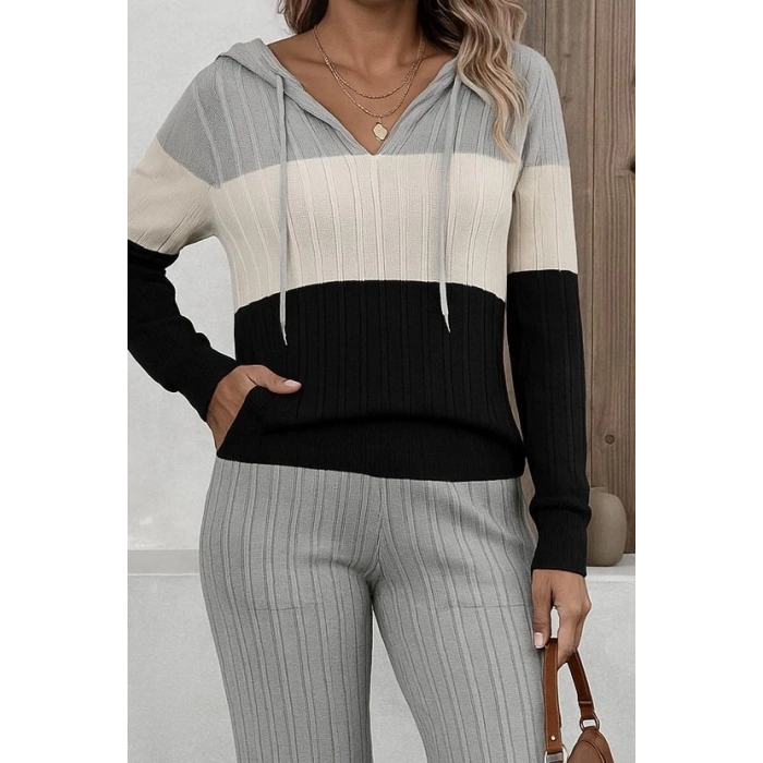 MDB Kadın Uzun Kollu Kapşonlu Bağcıklı Blok Renkli şardonlu Kaşkorse Bluz Ve Pantolon Ikili Takım
