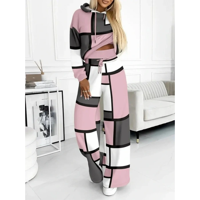MDB Kadın Uzun Kollu Kapşonlu Bağcıklı Desenli Iki Iplik Bluz Ve Pantolon Ikili Takım