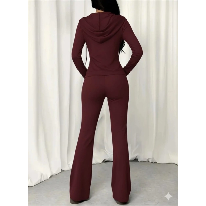 MDB Kadın Uzun Kollu Kapşonlu Bağcıklı önü Fermuarlı Viskon Iki Iplik Bluz Ve Pantolon Ikili Takım