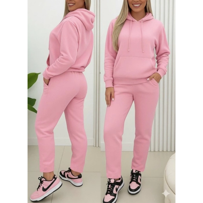 MDB Kadın Uzun Kollu Kapşonlu Bağcıklı üç Iplik Bluz Ve Pantolon Ikili Takım