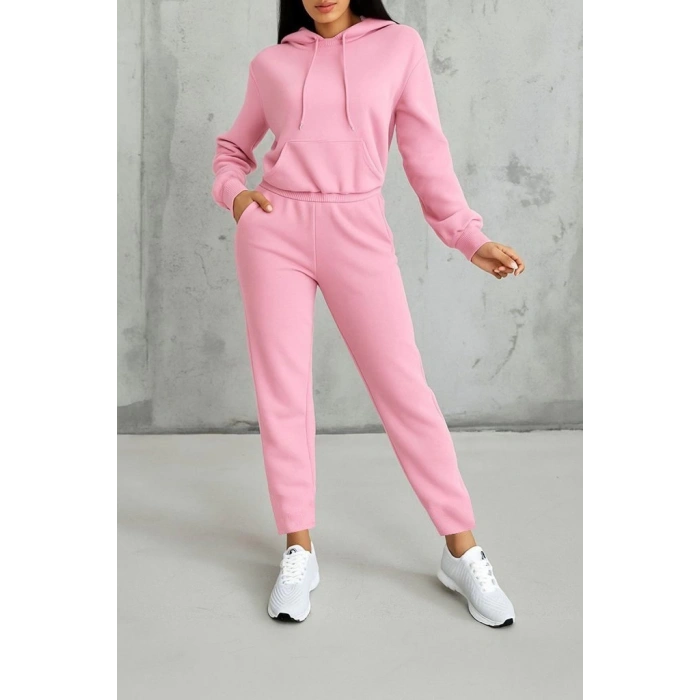 MDB Kadın Uzun Kollu Kapşonlu Bağcıklı üç Iplik Bluz Ve Pantolon Ikili Takım