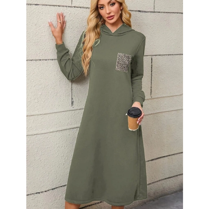 MDB Kadın Uzun Kollu Kapşonlu Cep Detaylı Viskon Iki Iplik Maxi Elbise