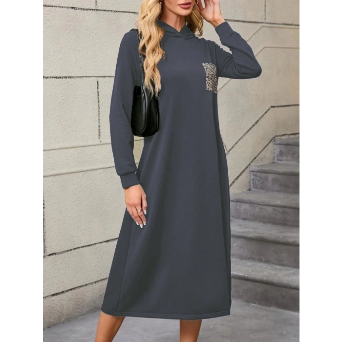 MDB Kadın Uzun Kollu Kapşonlu Cep Detaylı Viskon Iki Iplik Maxi Elbise