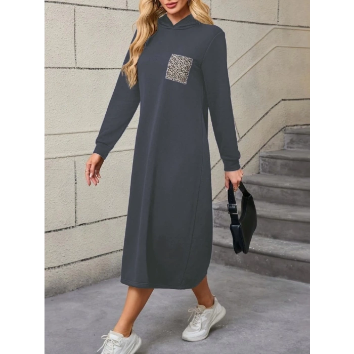 MDB Kadın Uzun Kollu Kapşonlu Cep Detaylı Viskon Iki Iplik Maxi Elbise