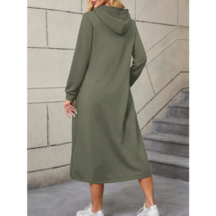 MDB Kadın Uzun Kollu Kapşonlu Cep Detaylı Viskon Iki Iplik Maxi Elbise