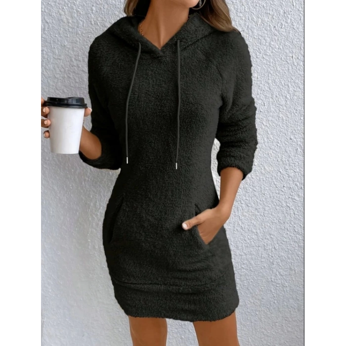 MDB Kadın Uzun Kollu Kapşonlu Cepli Mini Peluş Elbise