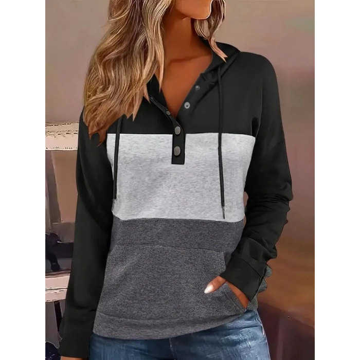 MDB Kadın Uzun Kollu Kapşonlu çok Renkli Iki Iplik Bluz