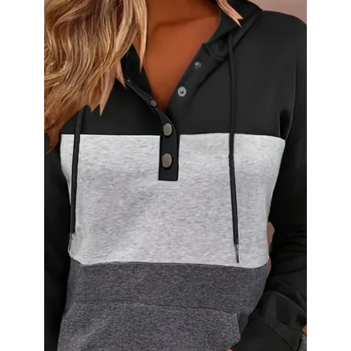 MDB Kadın Uzun Kollu Kapşonlu çok Renkli Iki Iplik Bluz