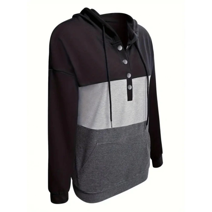 MDB Kadın Uzun Kollu Kapşonlu çok Renkli Iki Iplik Bluz