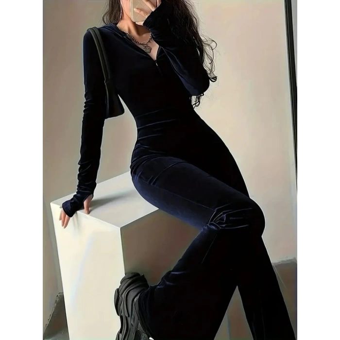 MDB Kadın Uzun Kollu Kapşonlu Fermuarlı Kadife Tulum