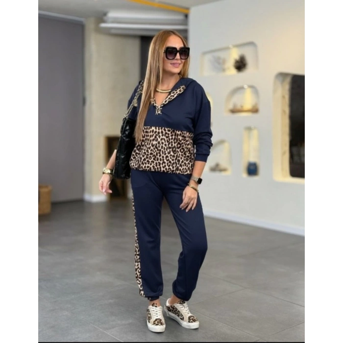MDB Kadın Uzun Kollu Kapşonlu Leopar Desen Detaylı Viskon Iki Iplik Bluz Ve Pantolon Ikili Takım