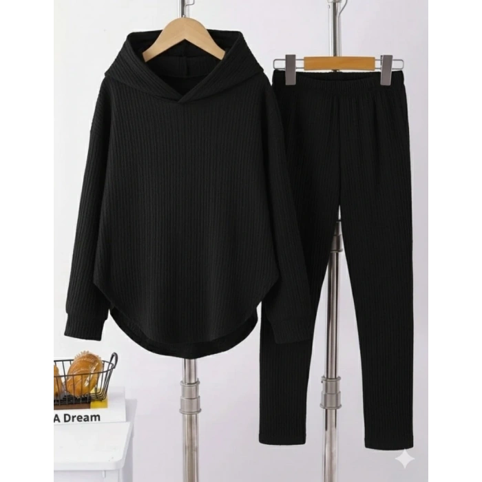 MDB Kadın Uzun Kollu Kapşonlu Meloni Bluz Ve Pantolon Ikili Takım