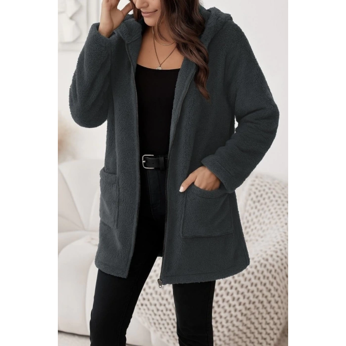 MDB Kadın Uzun Kollu Kapşonlu önden Fermuarlı Cepli Welsoft Ceket