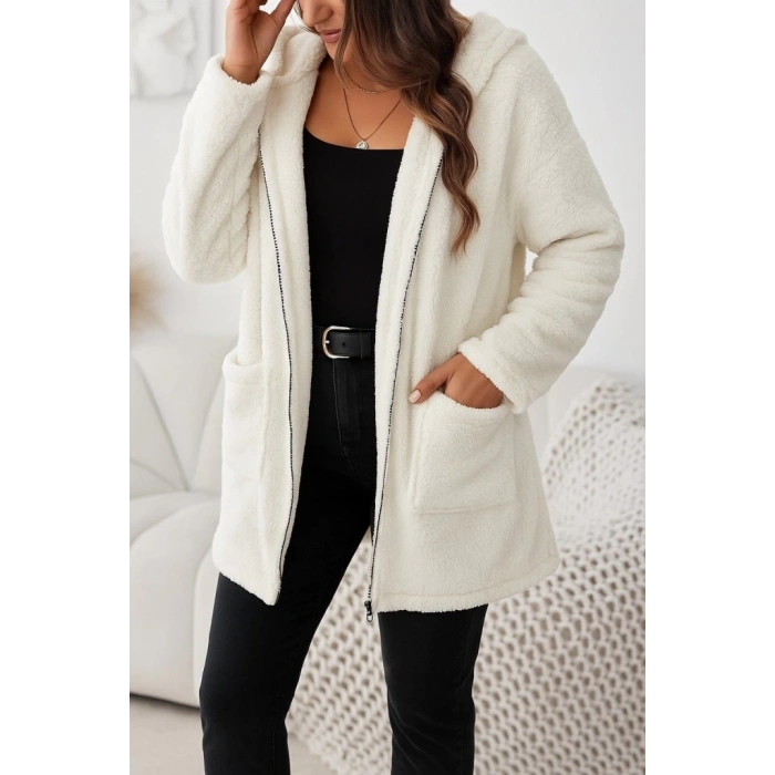 MDB Kadın Uzun Kollu Kapşonlu önden Fermuarlı Cepli Welsoft Ceket