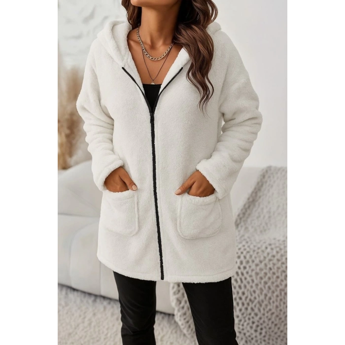 MDB Kadın Uzun Kollu Kapşonlu önden Fermuarlı Cepli Welsoft Ceket