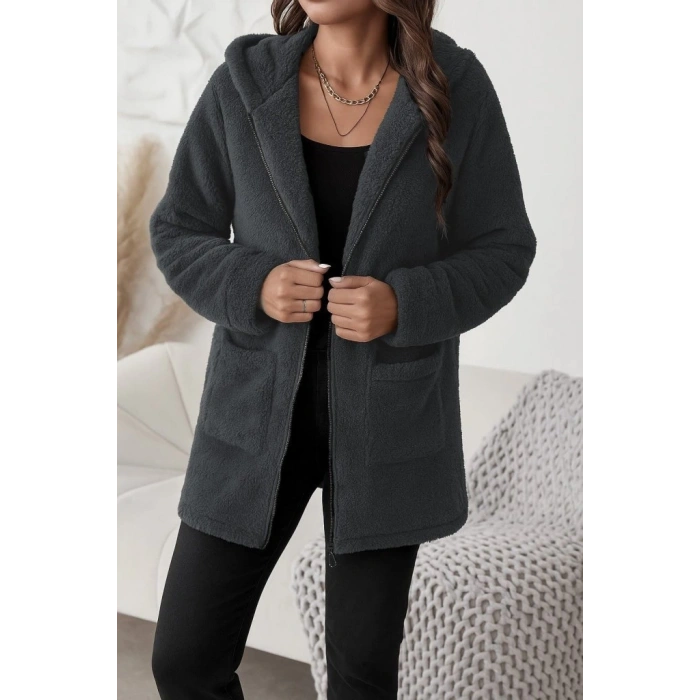 MDB Kadın Uzun Kollu Kapşonlu önden Fermuarlı Cepli Welsoft Ceket