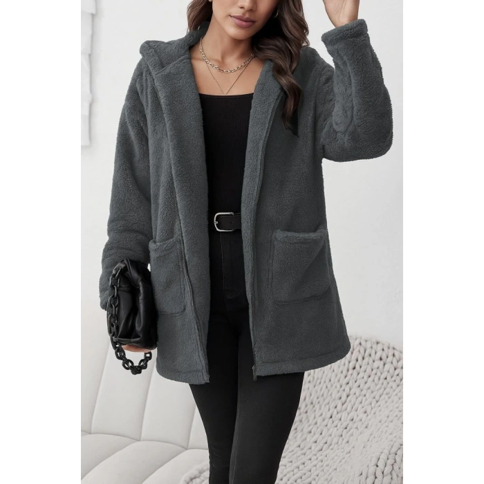 MDB Kadın Uzun Kollu Kapşonlu önden Fermuarlı Cepli Welsoft Ceket