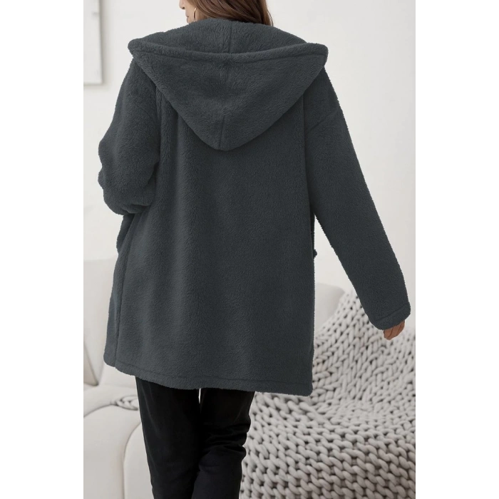 MDB Kadın Uzun Kollu Kapşonlu önden Fermuarlı Cepli Welsoft Ceket