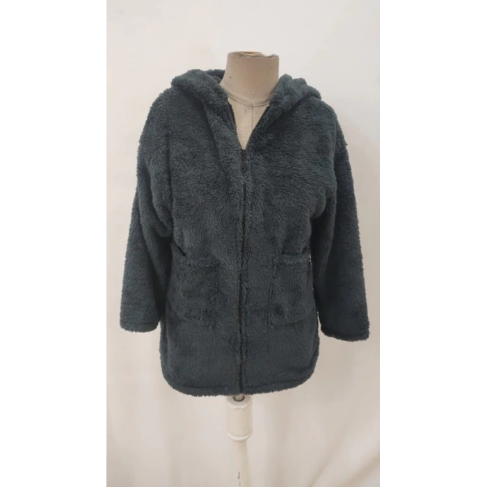 MDB Kadın Uzun Kollu Kapşonlu önden Fermuarlı Cepli Welsoft Ceket