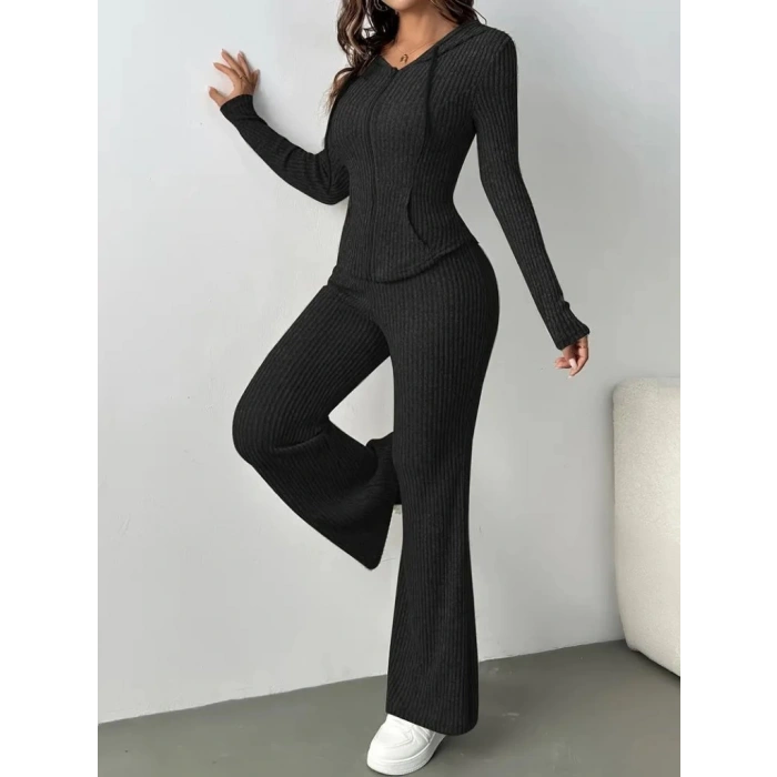 MDB Kadın Uzun Kollu Kapşonlu önden Fermuarlı Kaşkorse Bluz Ve Pantolon Ikili Takım