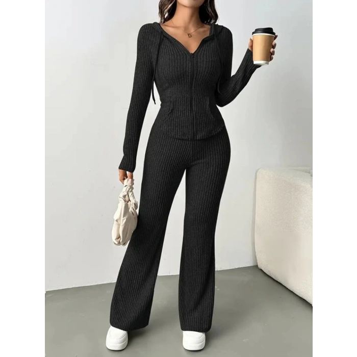 MDB Kadın Uzun Kollu Kapşonlu önden Fermuarlı Kaşkorse Bluz Ve Pantolon Ikili Takım