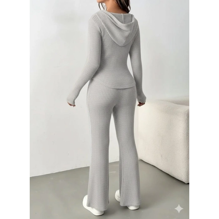 MDB Kadın Uzun Kollu Kapşonlu önden Fermuarlı Kaşkorse Bluz Ve Pantolon Ikili Takım