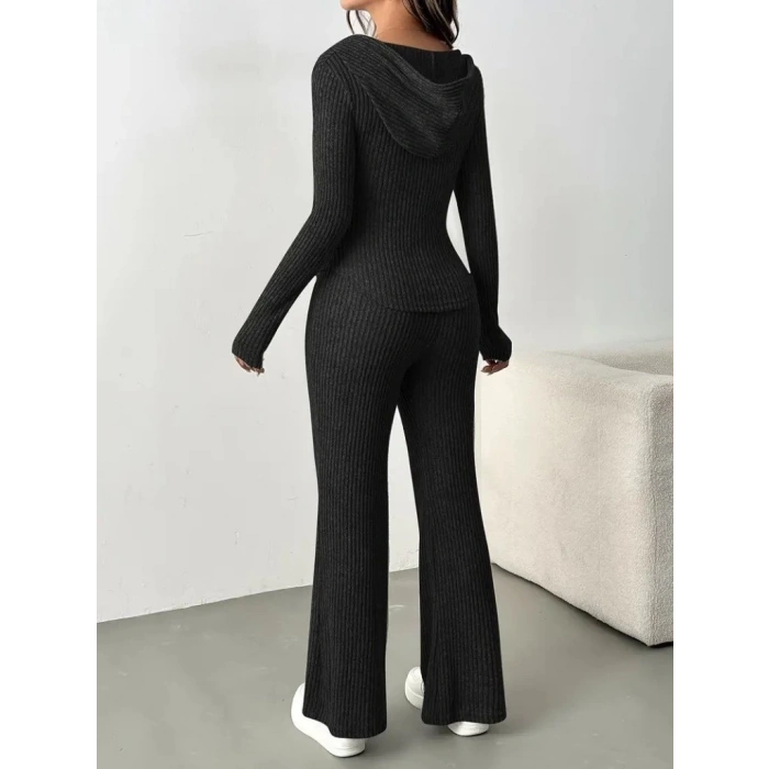 MDB Kadın Uzun Kollu Kapşonlu önden Fermuarlı Kaşkorse Bluz Ve Pantolon Ikili Takım