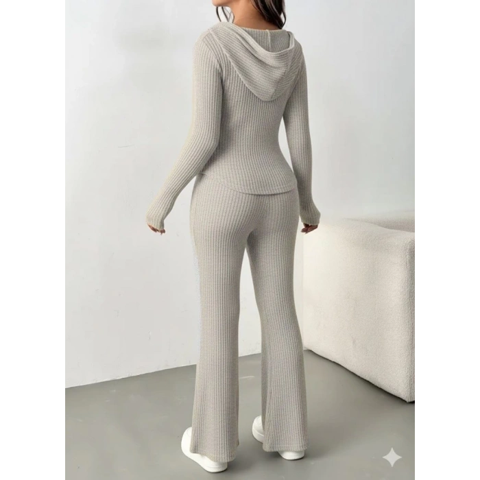 MDB Kadın Uzun Kollu Kapşonlu önden Fermuarlı Kaşkorse Bluz Ve Pantolon Ikili Takım