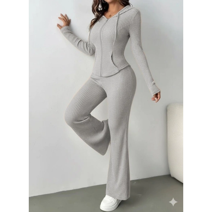 MDB Kadın Uzun Kollu Kapşonlu önden Fermuarlı Kaşkorse Bluz Ve Pantolon Ikili Takım