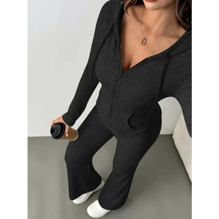 MDB Kadın Uzun Kollu Kapşonlu önden Fermuarlı Kaşkorse Bluz Ve Pantolon Ikili Takım