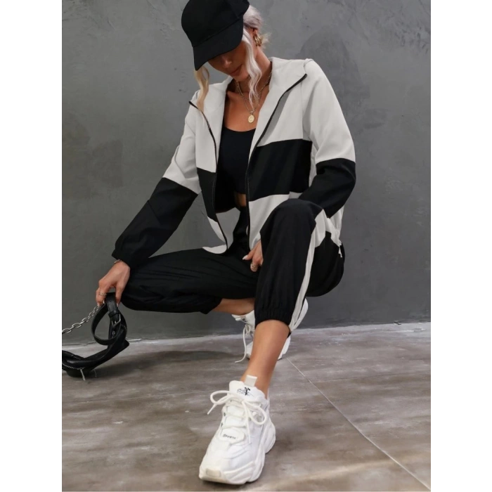 MDB Kadın Uzun Kollu Kapşonlu önden Fermuarlı Viskon Iki Iplik Bluz Ve Pantolon Ikili Takım