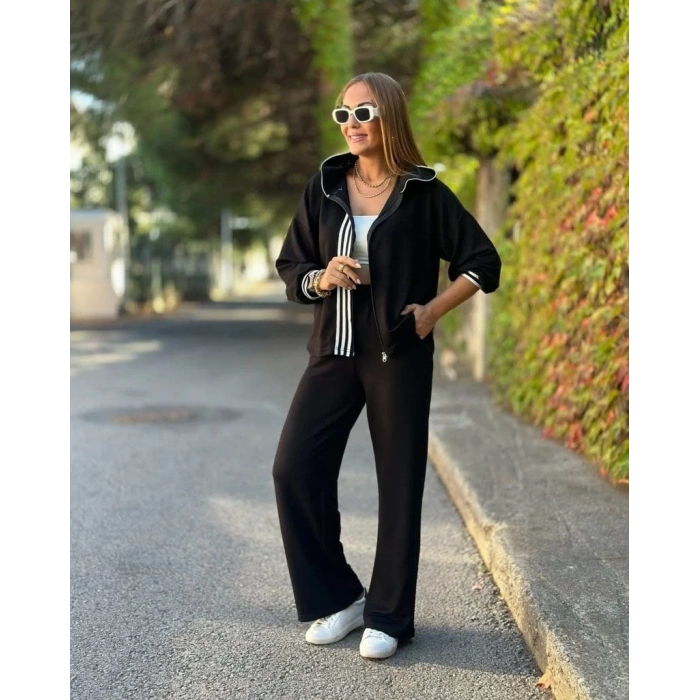 MDB Kadın Uzun Kollu Kapşonlu Onu şerit Detaylı Fermuarlı Viskon Iki Iplik Bluz Ve Pantolon Ikili Takım