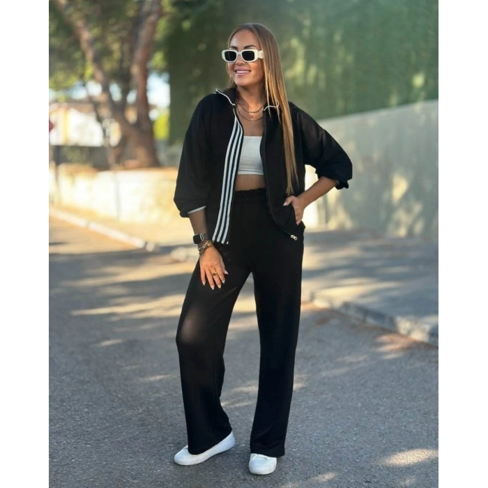 MDB Kadın Uzun Kollu Kapşonlu Onu şerit Detaylı Fermuarlı Viskon Iki Iplik Bluz Ve Pantolon Ikili Takım