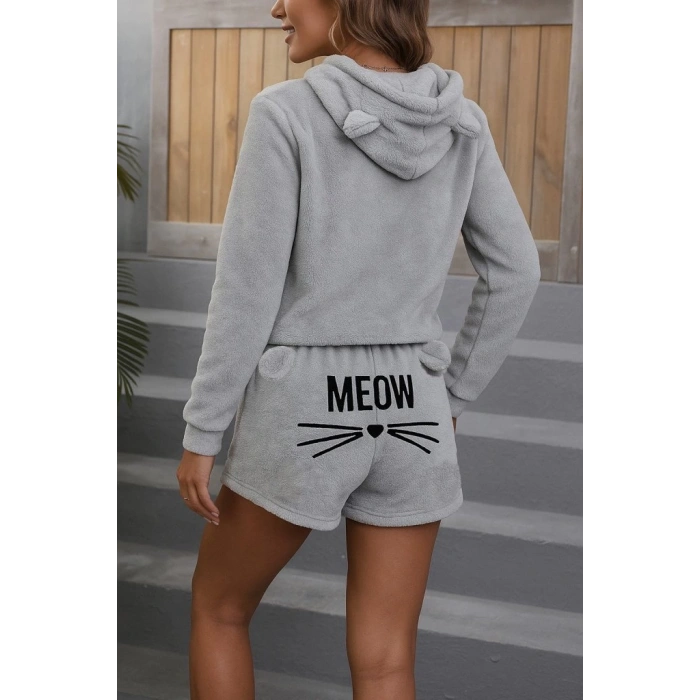MDB Kadın Uzun Kollu Kapşonlu Peluş Bluz Ve Kısa Short Ikili Takım