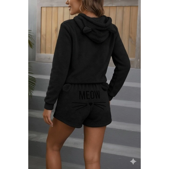 MDB Kadın Uzun Kollu Kapşonlu Peluş Bluz Ve Kısa Short Ikili Takım