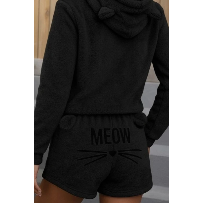 MDB Kadın Uzun Kollu Kapşonlu Peluş Bluz Ve Kısa Short Ikili Takım