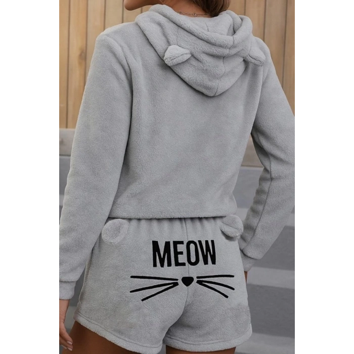 MDB Kadın Uzun Kollu Kapşonlu Peluş Bluz Ve Kısa Short Ikili Takım
